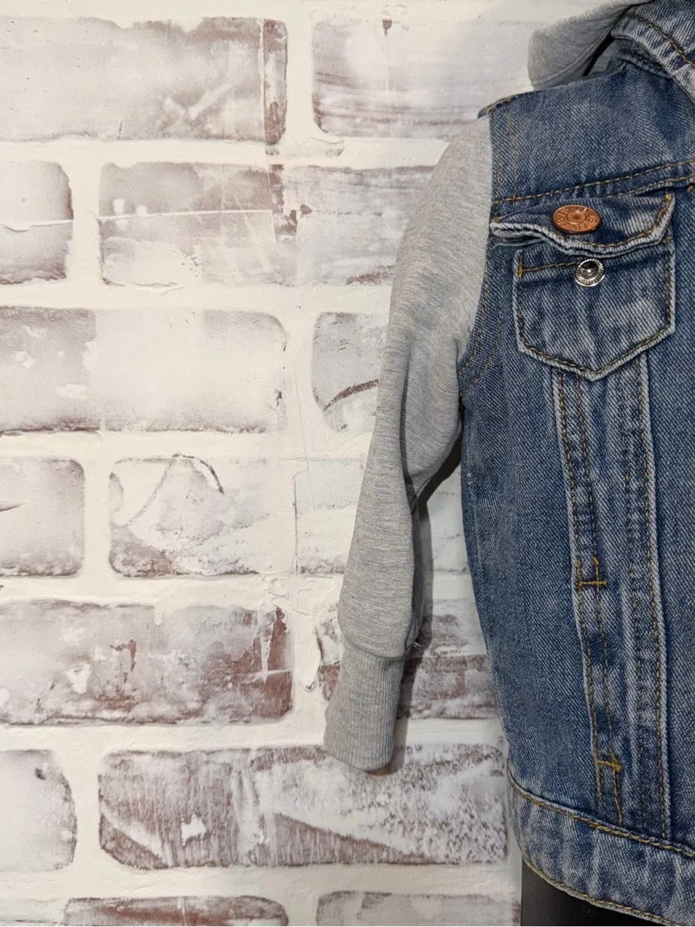 Little Bipsy Blue Denim Jacket with Gray Hoodie Sleeves 6/12m